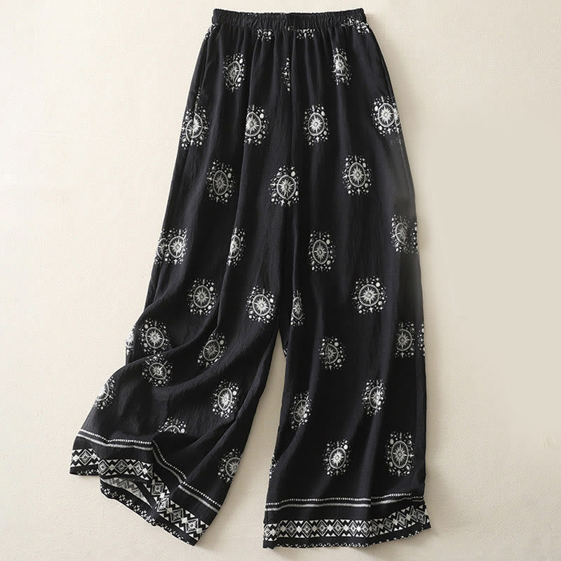 Buddha Stones Bohemian Printing Celestial Pattern Damenhose aus Baumwolle mit weitem Bein und Taschen - Schwarz - US8-10， UK/AU12-14，EU40-42 (2XL) - image 1