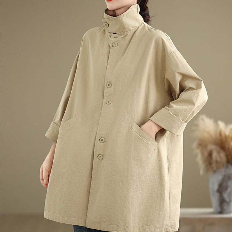 Buddha Stones Spring Plain Buttons Design Langärmlige Damen-Baumwoll-Leinen-Jacke mit Taschen - image 4