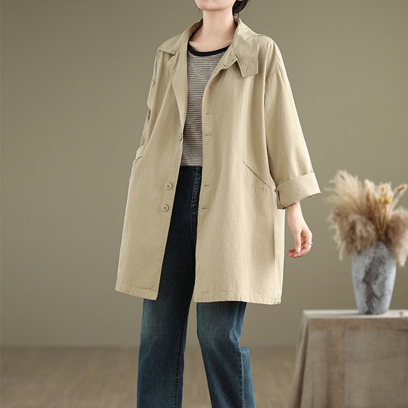 Buddha Stones Spring Plain Buttons Design Langärmlige Damen-Baumwoll-Leinen-Jacke mit Taschen - image 11