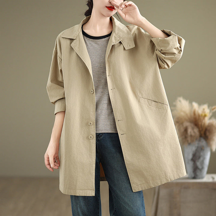 Buddha Stones Spring Plain Buttons Design Langärmlige Damen-Baumwoll-Leinen-Jacke mit Taschen - Beige - US12， UK/AU16，EU44 (XL) - image 1