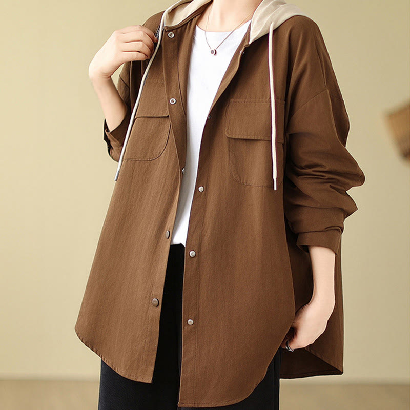 Buddha Stones Lässiger Pendler-Kapuzenpullover mit Kordelzug für Damen, Baumwoll-Leinen-Jacke mit Taschen - Sattelbraun - US14， UK/AU18，EU46 (2XL) - image 1
