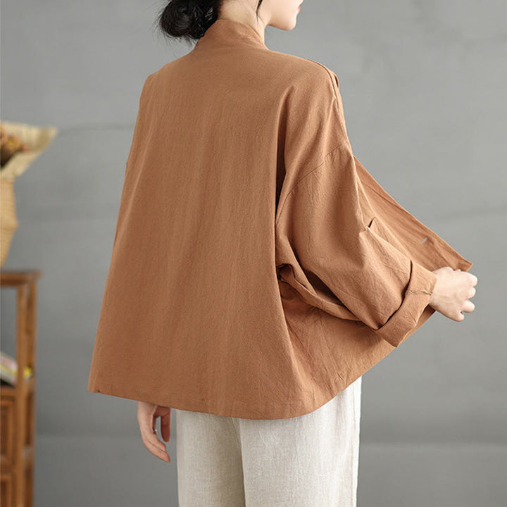 Buddha Stones Lässige Vintage-Jacke, schlicht, langärmelig, offen, mit Taschen - image 1
