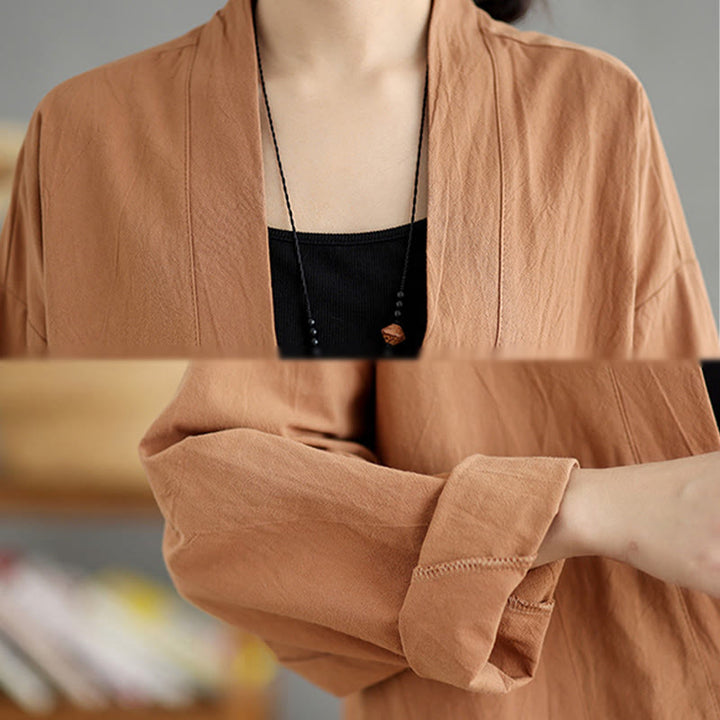 Buddha Stones Lässige Vintage-Jacke, schlicht, langärmelig, offen, mit Taschen - image 6