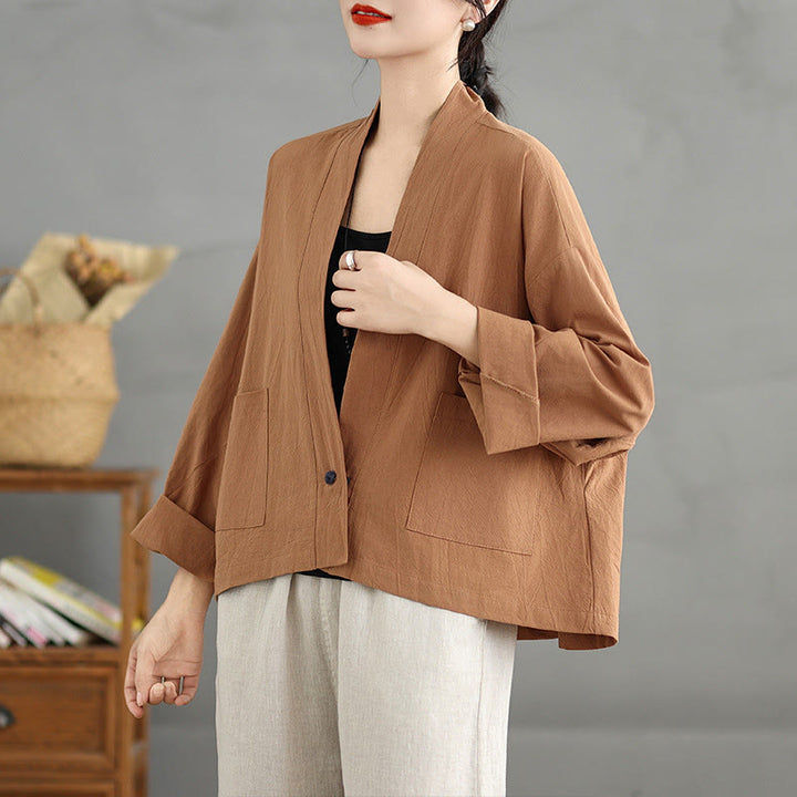 Buddha Stones Lässige Vintage-Jacke, schlicht, langärmelig, offen, mit Taschen - image 3