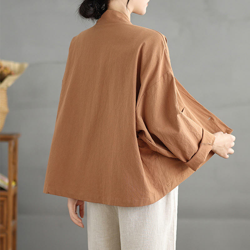 Buddha Stones Lässige Vintage-Strickjacke aus Baumwollleinen mit langen Ärmeln und offener Vorderseite und Taschen - image 2