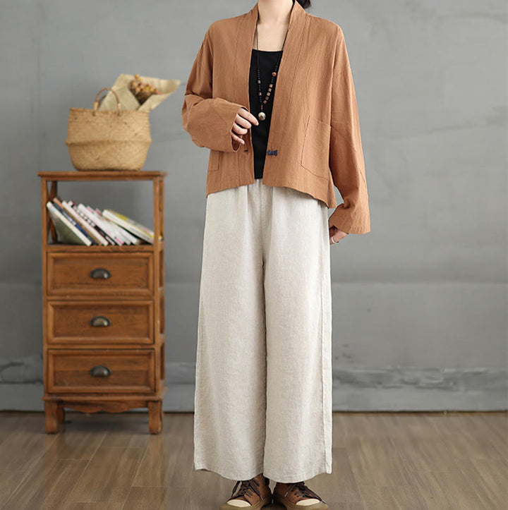 Buddha Stones Lässige Vintage-Jacke, schlicht, langärmelig, offen, mit Taschen - image 5