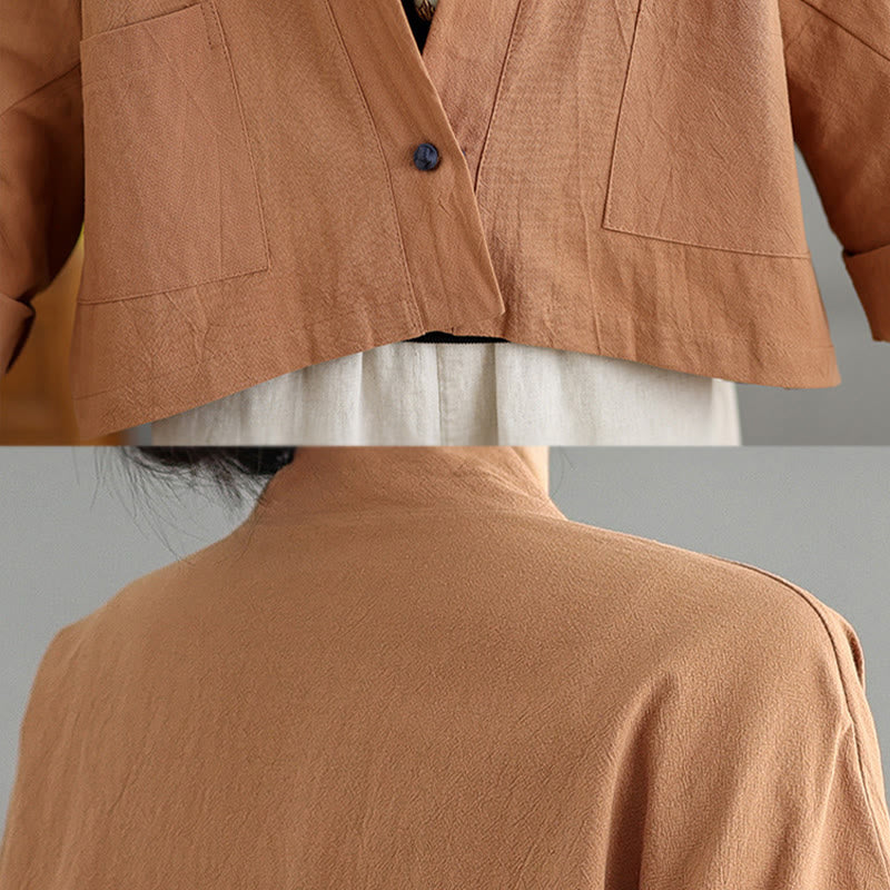 Buddha Stones Lässige Vintage-Jacke, schlicht, langärmelig, offen, mit Taschen - image 7