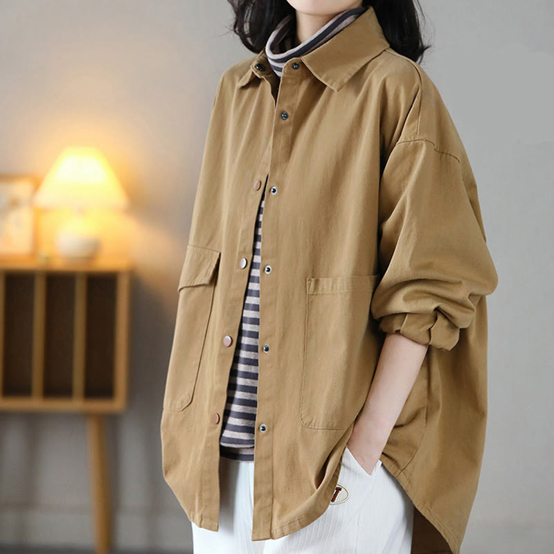 Buddha Stones Vintage Casual Pure Color Revers Damen Baumwolljacke mit Taschen - image 2