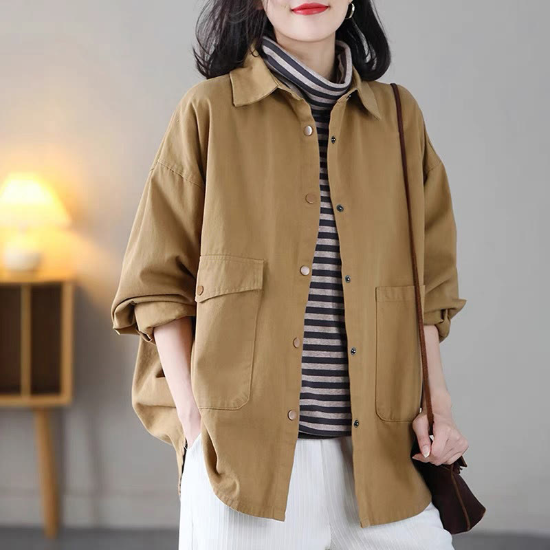 Buddha Stones Vintage Casual Pure Color Revers Damen Baumwolljacke mit Taschen - Goldrute - US14， UK/AU18，EU46 (2XL) - image 1
