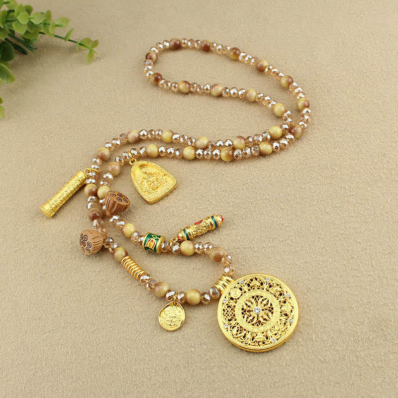 Buddha Stones Tibetischer Lotus Runde Platte Golden Tiger Eye Perlen Halskette Anhänger - image 9