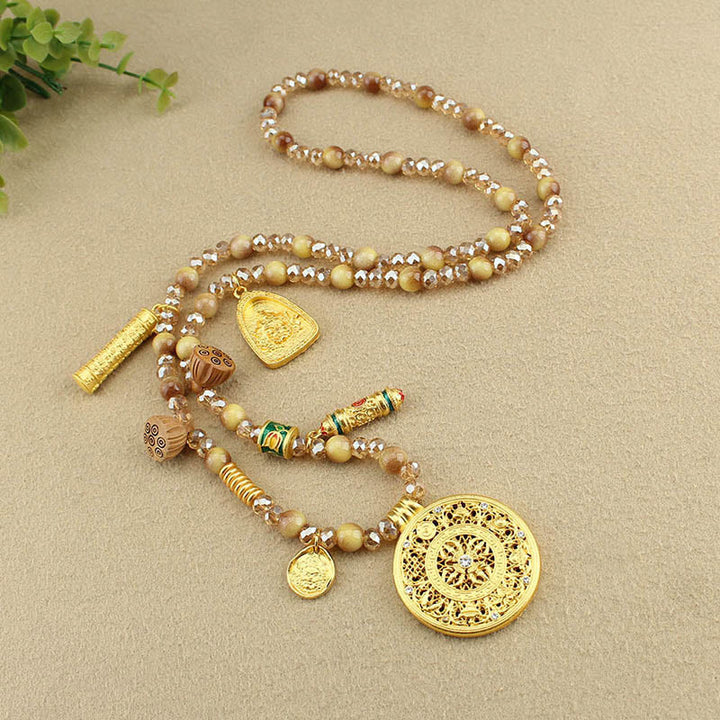 Buddha Stones Tibetischer Lotus Runde Platte Golden Tiger Eye Perlen Halskette Anhänger - image 9