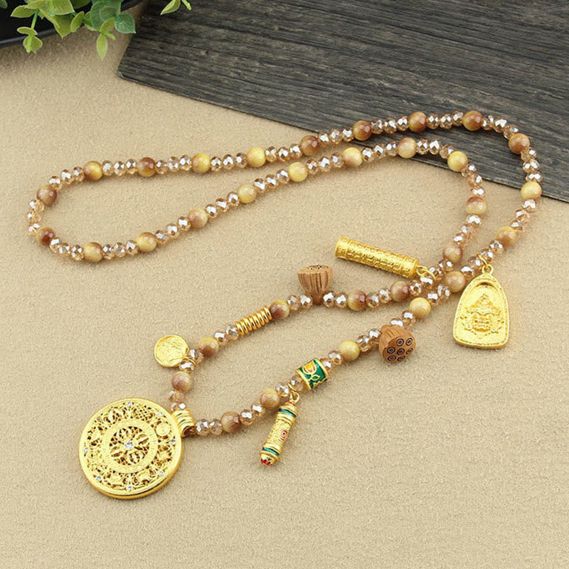 Buddha Stones Tibetischer Lotus Runde Platte Golden Tiger Eye Perlen Halskette Anhänger - image 4
