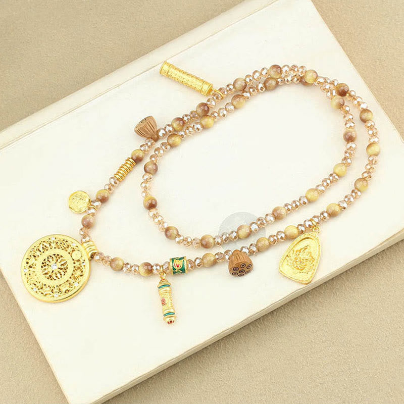 Buddha Stones Tibetischer Lotus Runde Platte Golden Tiger Eye Perlen Halskette Anhänger - image 11
