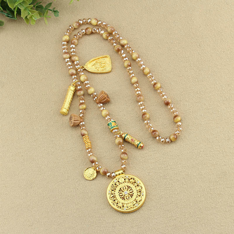 Buddha Stones Tibetischer Lotus Runde Platte Golden Tiger Eye Perlen Halskette Anhänger - image 10