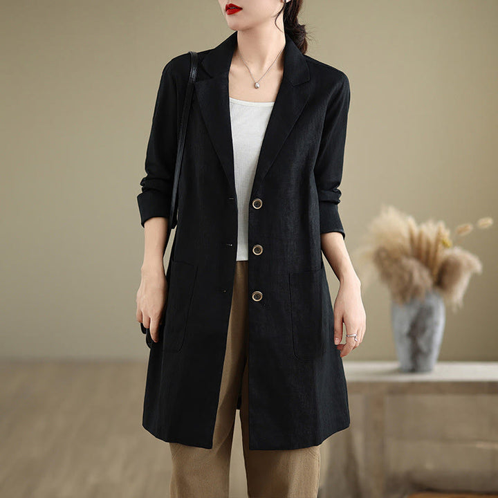 Buddha Stones Lässiger Herbst-Knöpfe-Design-Revers-Damen-Baumwoll-Leinen-Mantel mit Taschen - Schwarz - US 8-10, UK/AU 12-14, EU 40-42 (2XL) - image 0