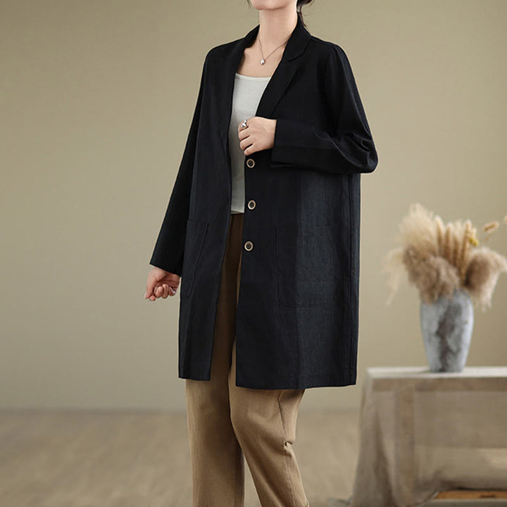 Buddha Stones Lässiger Herbst-Knöpfe-Design-Revers-Damen-Baumwoll-Leinen-Mantel mit Taschen - image 2