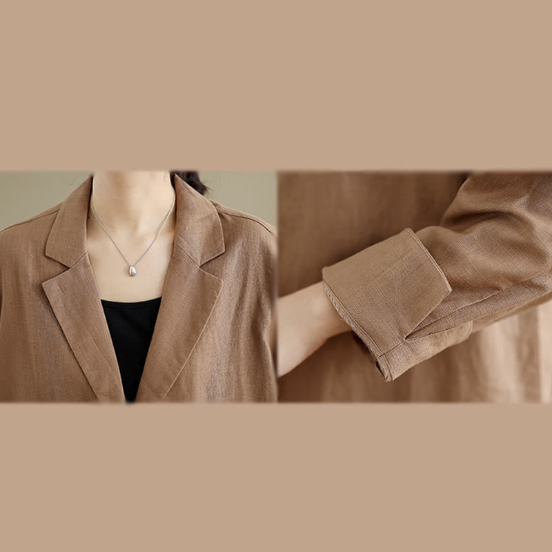 Buddha Stones Lässiger Herbst-Knöpfe-Design-Revers-Damen-Baumwoll-Leinen-Mantel mit Taschen - image 11