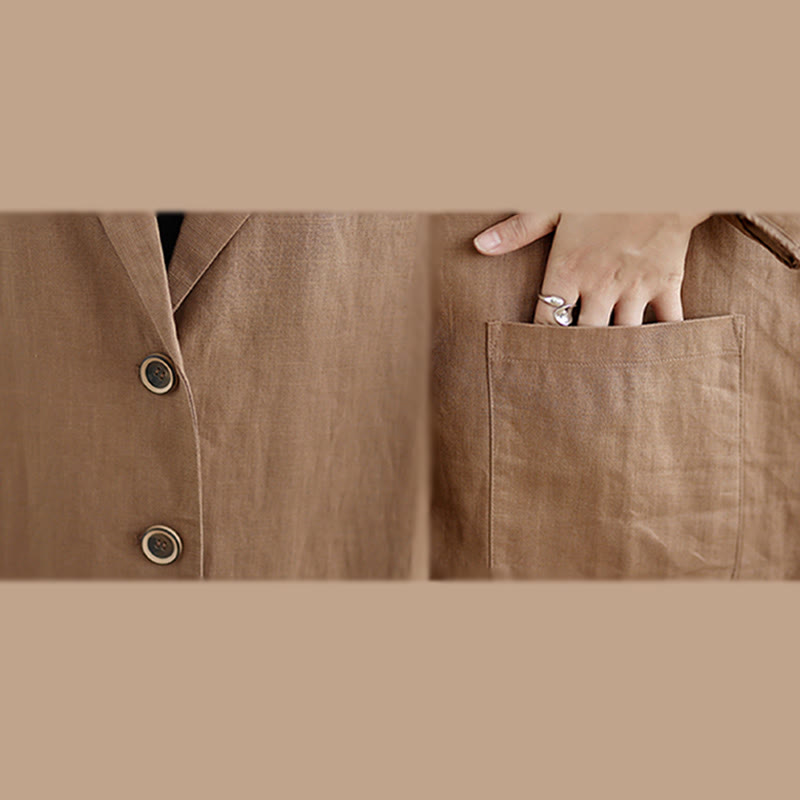 Buddha Stones Lässiger Herbst-Knöpfe-Design-Revers-Damen-Baumwoll-Leinen-Mantel mit Taschen - image 12