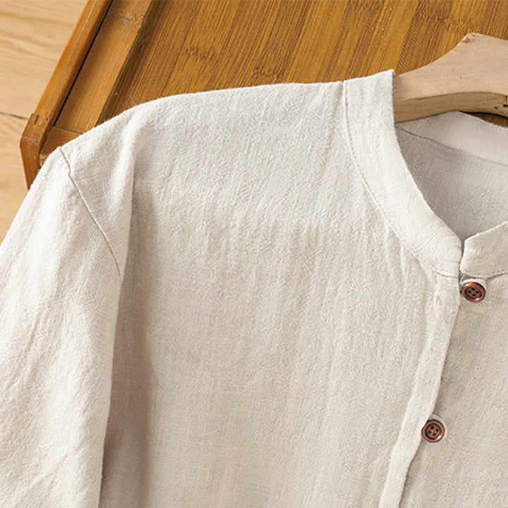 Buddha Stones Spring Einfarbiges Damenhemd aus Baumwolle und Leinen mit einfachem Saum und Schlitz - image 5