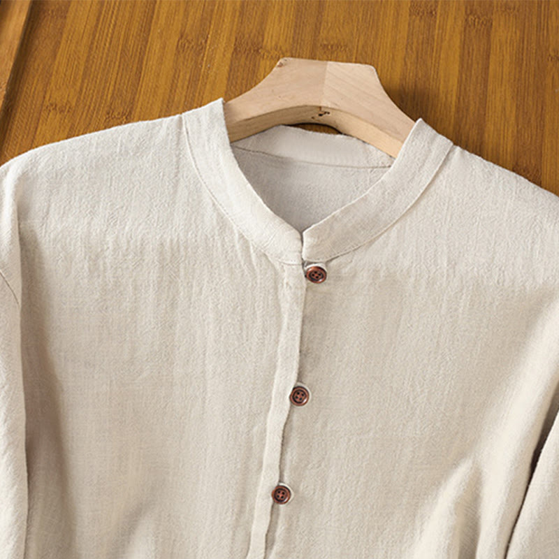 Buddha Stones Spring Einfarbiges Damenhemd aus Baumwolle und Leinen mit einfachem Saum und Schlitz - image 2