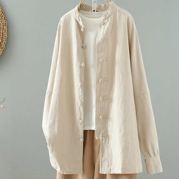 Buddha Stones Damen-Hemd aus Baumwolle und Leinen mit einfachem chinesischen Frosch-Knopf-Design - Beige - US14， UK/AU18，EU46 (2XL) - image 1