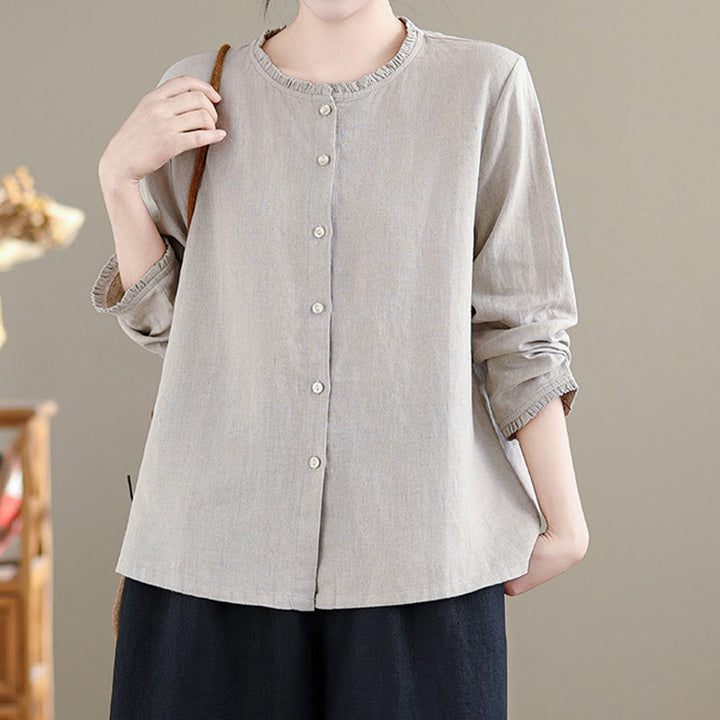 Buddha Stones Frühlings-Damenshirt mit einfarbigem Knopfdesign, Rüschen und Rundhalsausschnitt - image 12