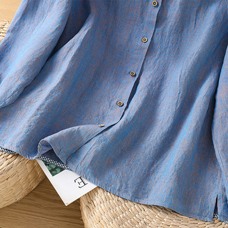 Buddha Stones Frühlings-Damenshirt mit einfarbigem Knopfdesign, Rüschen und Rundhalsausschnitt - image 18
