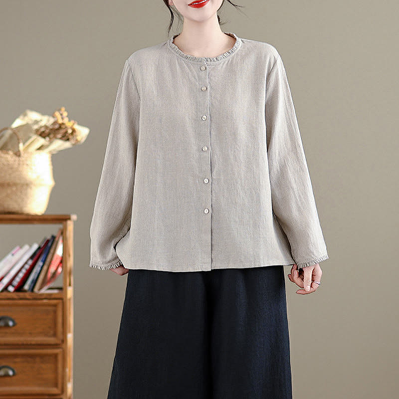 Buddha Stones Frühlings-Damenshirt mit einfarbigem Knopfdesign, Rüschen und Rundhalsausschnitt - image 6