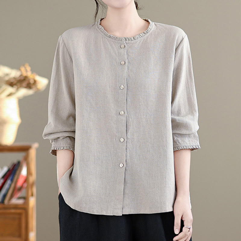 Buddha Stones Frühlings-Damenshirt mit einfarbigem Knopfdesign, Rüschen und Rundhalsausschnitt - image 11