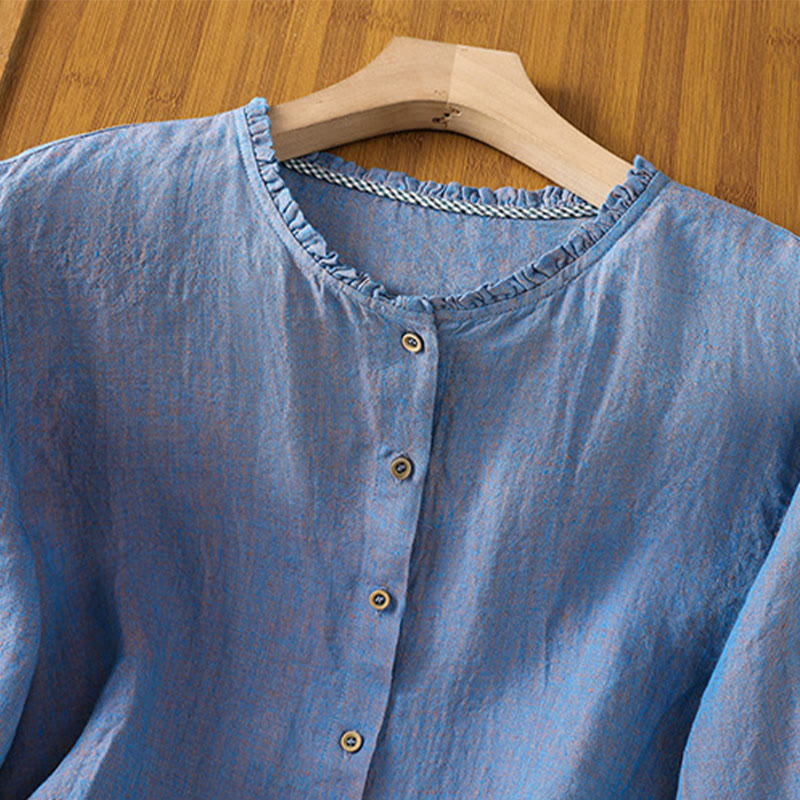 Buddha Stones Frühlings-Damenshirt mit einfarbigem Knopfdesign, Rüschen und Rundhalsausschnitt - image 17