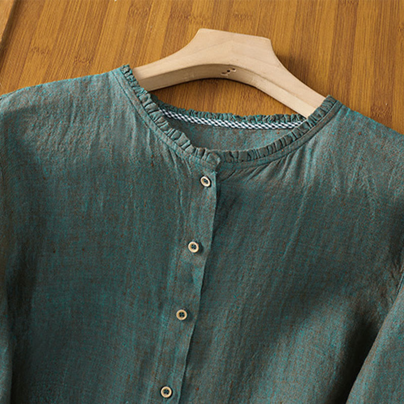 Buddha Stones Spring Einfarbiges Knopfdesign Rüschen Rundhalsausschnitt Damen Baumwoll-Leinen-Hemd - image 1
