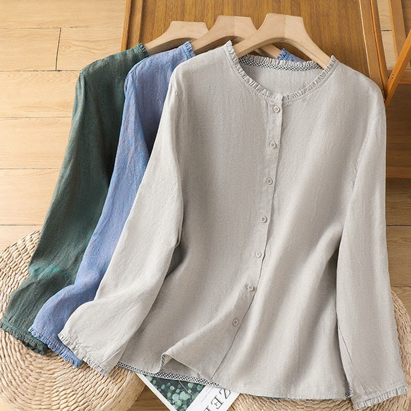 Buddha Stones Frühlings-Damenshirt mit einfarbigem Knopfdesign, Rüschen und Rundhalsausschnitt - image 19