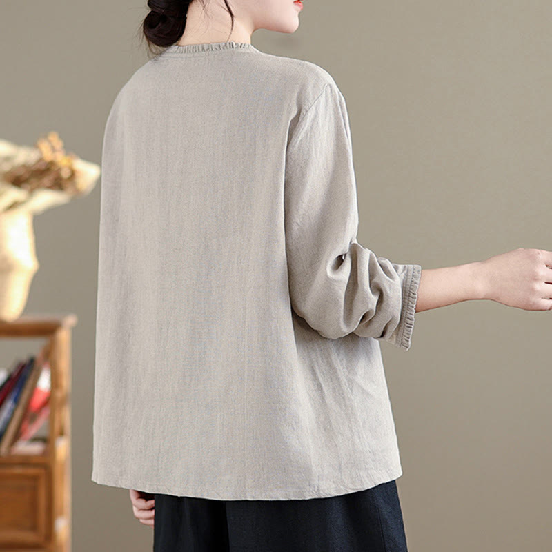 Buddha Stones Frühlings-Damenshirt mit einfarbigem Knopfdesign, Rüschen und Rundhalsausschnitt - image 7