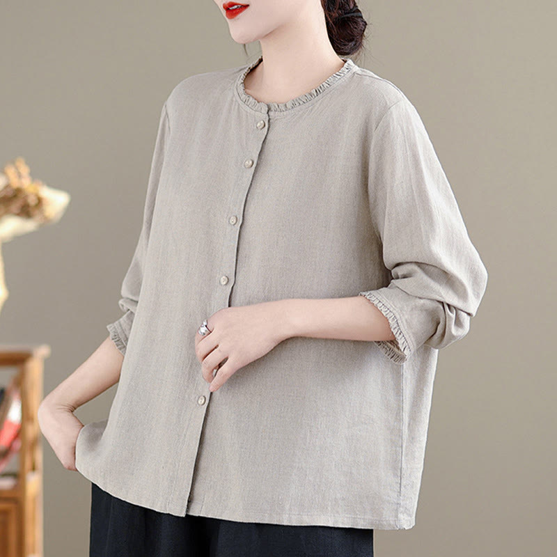 Buddha Stones Frühlings-Damenshirt mit einfarbigem Knopfdesign, Rüschen und Rundhalsausschnitt - image 9