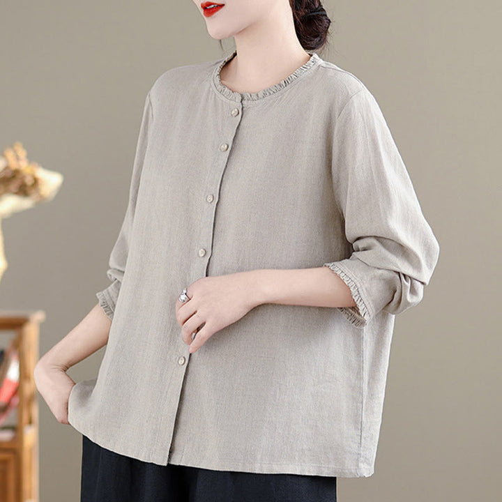 Buddha Stones Frühlings-Damenshirt mit einfarbigem Knopfdesign, Rüschen und Rundhalsausschnitt - image 9