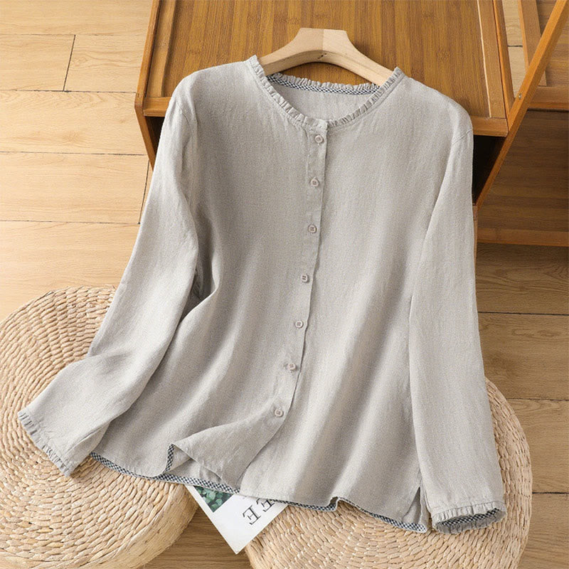 Buddha Stones Frühlings-Damenshirt mit einfarbigem Knopfdesign, Rüschen und Rundhalsausschnitt - Silber - US14, UK/AU18, EU46 (2XL) - image 5
