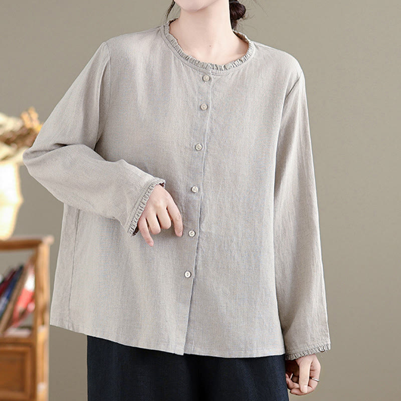 Buddha Stones Frühlings-Damenshirt mit einfarbigem Knopfdesign, Rüschen und Rundhalsausschnitt - image 8