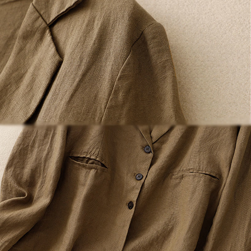 Buddha Stones Commute Retro Pure Color Revers Baumwolle Leinen Damenjacke mit Taschen - image 3