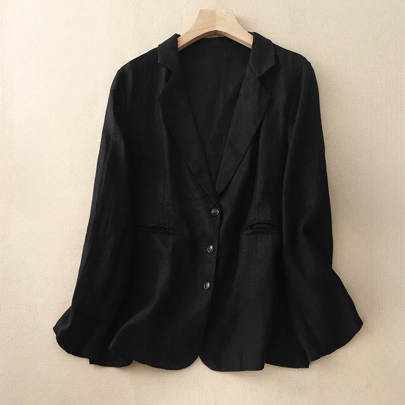 Buddha Stones Commute Retro Pure Color Revers Baumwolle Leinen Damenjacke mit Taschen - Schwarz - US14, UK/AU18, EU46 (2XL) - image 4