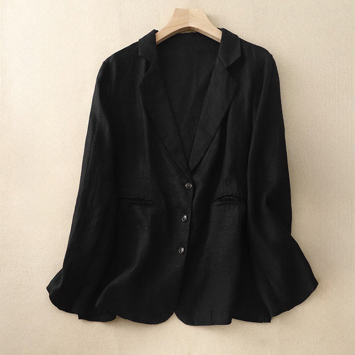 Buddha Stones Commute Retro Pure Color Revers Baumwolle Leinen Damenjacke mit Taschen - Schwarz - US14, UK/AU18, EU46 (2XL) - image 4