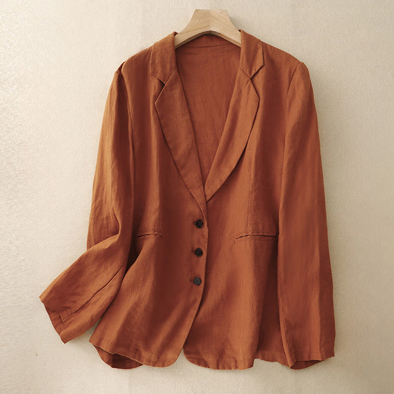 Buddha Stones Commute Retro Pure Color Revers Baumwolle Leinen Damenjacke mit Taschen - OrangeRot - US14， UK/AU18，EU46 (2XL) - image 14