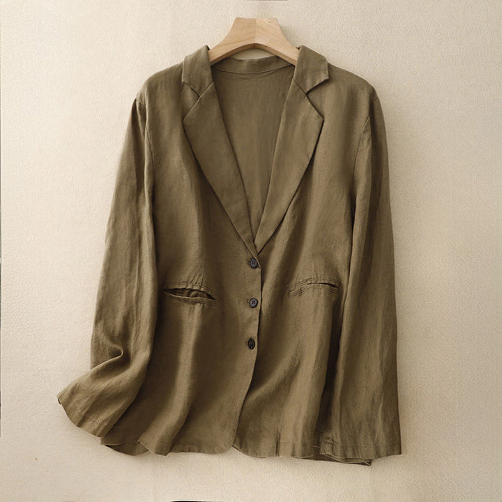 Buddha Stones Commute Retro Pure Color Revers Baumwolle Leinen Damenjacke mit Taschen - Dunkelgoldenrod - US14, UK/AU18, EU46 (2XL) - image 0