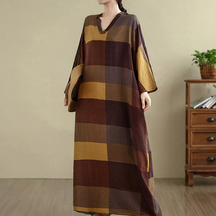 Buddha Stones Damen-Maxikleid aus Baumwolle und Leinen mit gespleißtem Karomuster und Taschen - image 4