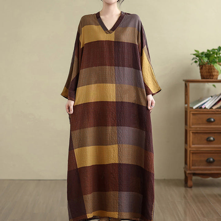 Buddha Stones Damen-Maxikleid aus Baumwolle und Leinen mit gespleißtem Karomuster und Taschen - image 3