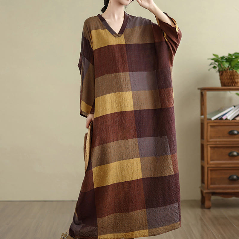 Buddha Stones Damen-Maxikleid aus Baumwolle und Leinen mit gespleißtem Karomuster und Taschen - image 5