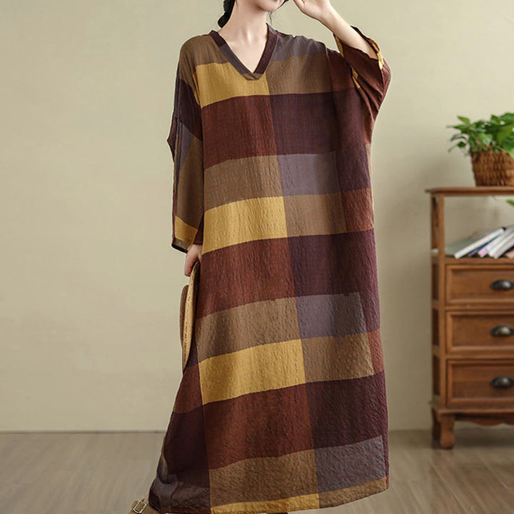 Buddha Stones Damen-Maxikleid aus Baumwolle und Leinen mit gespleißtem Karomuster und Taschen - image 5