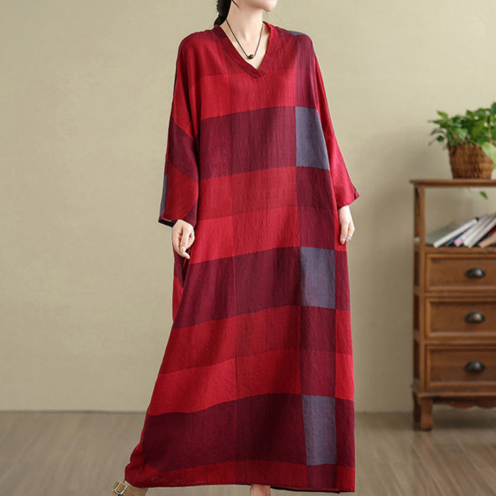 Buddha Stones Damen-Maxikleid aus Baumwolle und Leinen mit gespleißtem Karomuster und Taschen - image 12