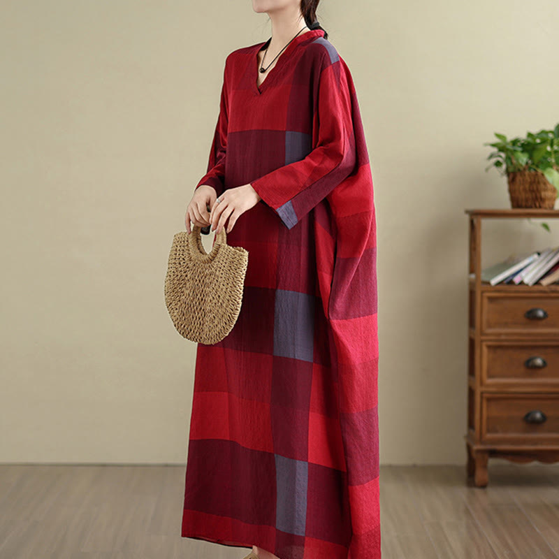 Buddha Stones Damen-Maxikleid aus Baumwolle und Leinen mit gespleißtem Karomuster und Taschen - image 11