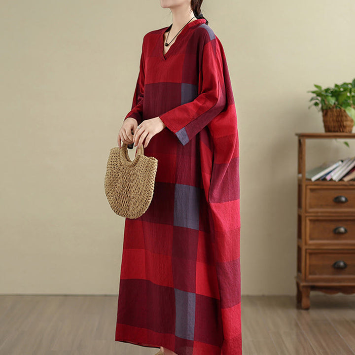 Buddha Stones Damen-Maxikleid aus Baumwolle und Leinen mit gespleißtem Karomuster und Taschen - image 11