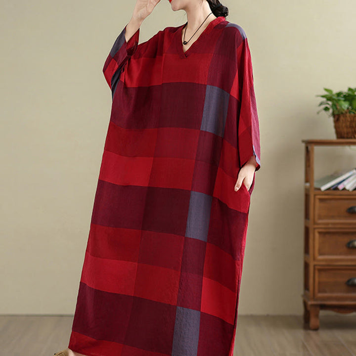 Buddha Stones Damen-Maxikleid aus Baumwolle und Leinen mit gespleißtem Karomuster und Taschen - image 9
